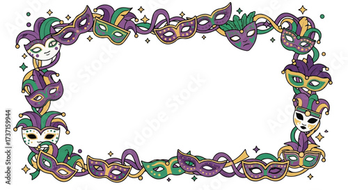 Decorative border featuring various colorful Mardi Gras masks, arranged around a rectangular frame.