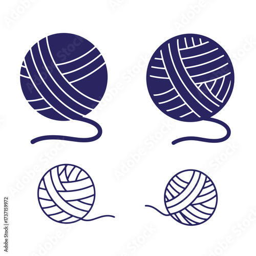 Illustrated set of four ball of yarn designs in navy blue on white background
