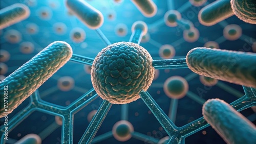 Microscopic view of bacteria in a digital environment showcasing intricate details and vibrant colors.