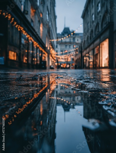 A serene urban street glistens after rainfall, reflecting warm lights from shops while a gentle evening ambiance fills the air, inviting exploration.
