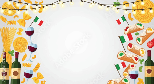 Festive Italian food and drink arrangement with pasta, wine, and cannoli, decorated with string lights and flags.