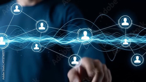 Person's hand interacting with a glowing digital network of user icons, symbolizing global connection and communication