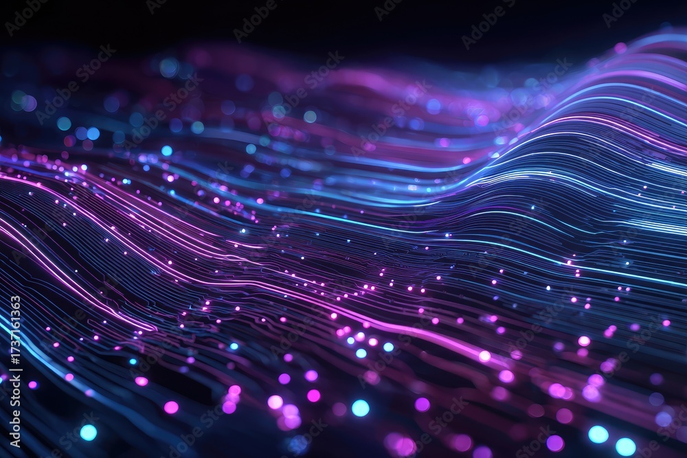 Obraz premium Abstract wavy lines with glowing dots in shades of blue and purple create a futuristic design