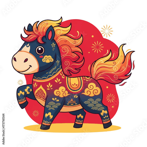 A charming cartoon horse, adorned with intricate patterns, stands gracefully against a vibrant red backdrop.
