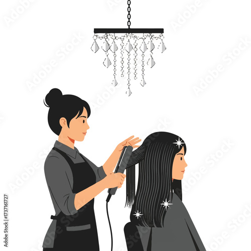 Stylist using a flat iron to straighten a client's long, dark hair under a decorative chandelier.