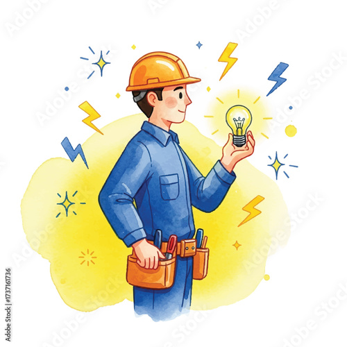 An electrician wearing a hard hat examines a glowing light bulb, surrounded by electricity.