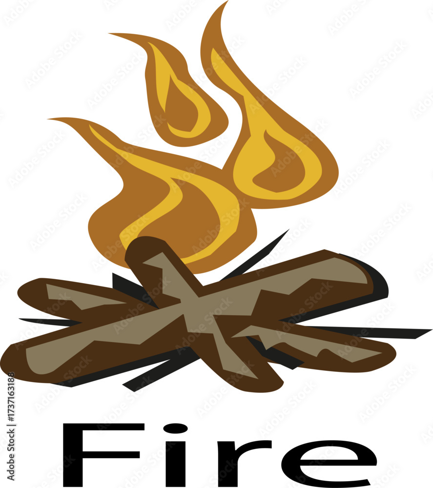 Fototapeta premium Stylized illustration of campfire with flame and the word 
