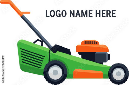 Lawn mower with text LOGO NAME HERE on white background