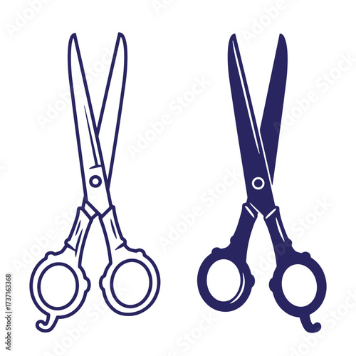 Stylish hairdressing scissors in dark blue and outlined versions against a white background