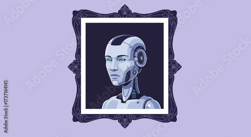 Striking portrait of a sophisticated female android gazing forward with intelligent blue eyes, framed elegantly, representing future technology and AI advancements.