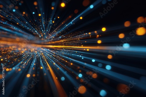 Abstract digital background. Bright lines and dots burst from a dark background, futuristic feel