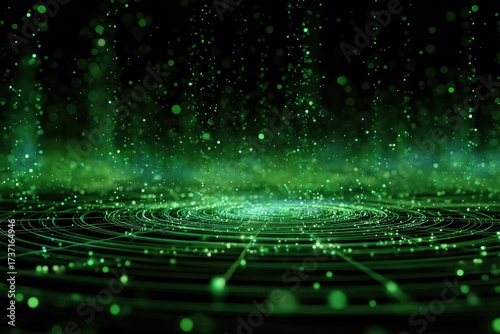 A vibrant, green ethereal scene of particles swirling over a circular design on a dark background