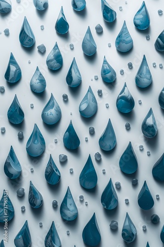 Raindrops Elegance: A symmetrical, artistic arrangement of delicate water droplets, their blue hues subtly contrasted, creating a captivating visual texture and evoking the serene beauty of the sky.