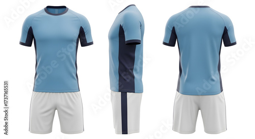 Blue soccer jersey with dark side panels and white shorts. Modern football uniform mockup with athletic fit, ideal for sport fashion, teamwear, and editable graphic design templates.