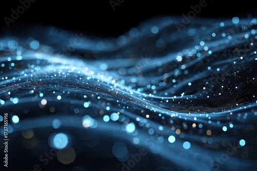 Abstract digital art of a wavy, glowing, blue-toned network, particle effects, and a dark background