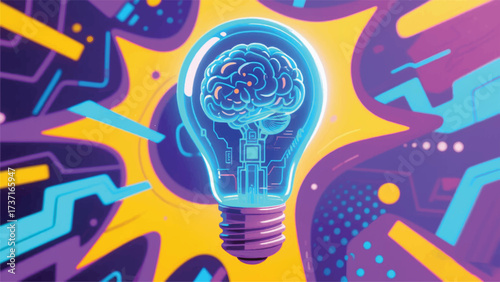 Technology Bulb Brain Illustrator Artwork Banner Background Design Template 