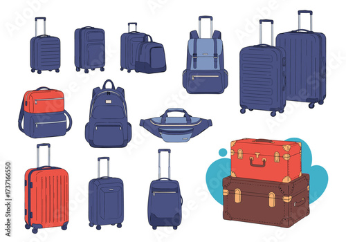 A collection of various types of travel bags and luggage for trips.