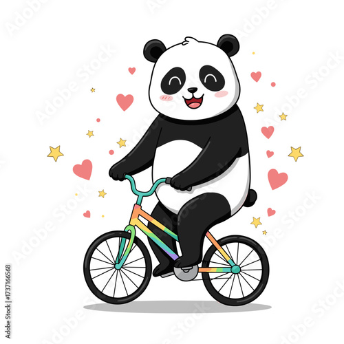 Cheerful panda rides rainbow bike with hearts and stars, smiling with closed eyes on beige background.