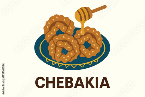 Flat, minimal illustration of Chebakia featuring multiple elements centrally arranged: twisted sesame pastries, honey drizzle, decorative plate. Bold text Chebakia underneath. Sol