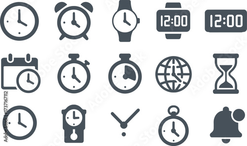 set featuring time and clock concepts. Includes analog clock, digital clock, alarm, stopwatch, timer, wall clock, pocket watch, calendar with clock, time zone globe, hourglass, clock hands, schedule i