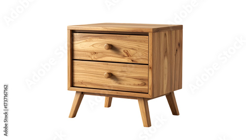 Well-crafted wooden nightstand or side table with two drawers and wooden knobs, featuring a mid-century modern design and standing on tapered legs, isolated against a solid black background,...