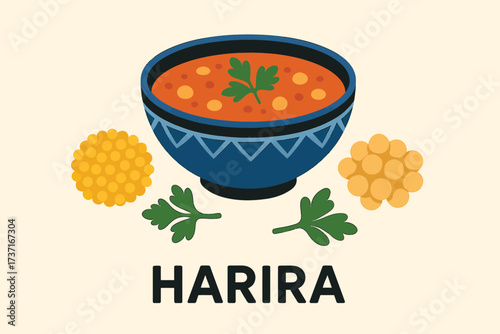 Flat, minimal illustration of Harira with central arrangement: soup bowl, lentils, chickpeas, herbs, decorative plate. Bold text Harira underneath. Solid flat colors, smooth edges, no gradients or tex
