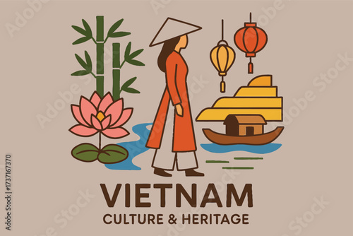 Vietnam Cultural Elements Flat Illustration