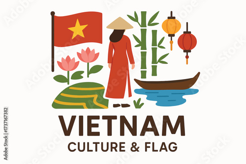 Vietnam Flag Cultural Elements Illustration