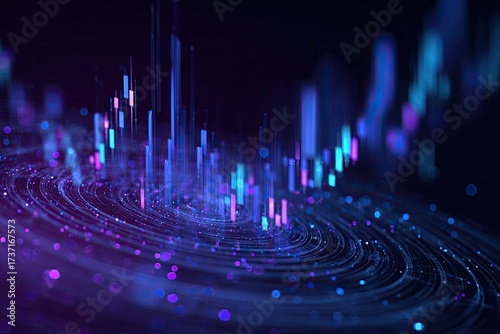 An abstract representation of data flow with glowing lines and swirling patterns in a dark field