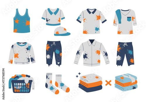 Illustration of dirty clothes and laundry items with paint splatters before and after washing.