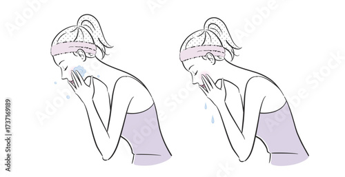 洗顔をする女性、ベクターイラスト