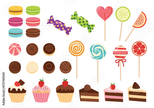 A delightful assortment of sweet treats including macarons cupcakes and candies.