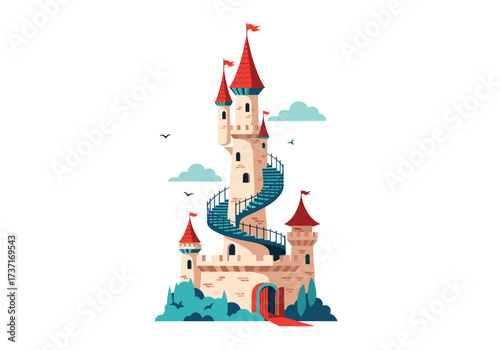 A charming fairytale castle with tall spires and a winding staircase reaching for the sky.