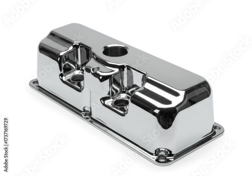 High-gloss chrome engine valve cover displays meticulous detailing and a smooth, reflective surface.