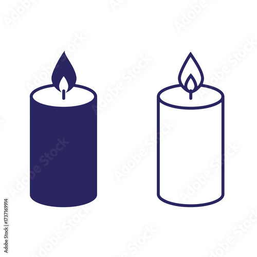 Two simple candle illustrations one filled in dark blue the other outlined on a white background