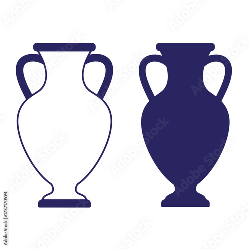 Two simple silhouette illustrations of classic amphora pottery vessels in white and blue