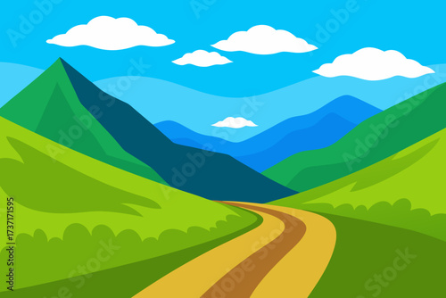 Stylized cartoon landscape with winding road through green hills and mountains