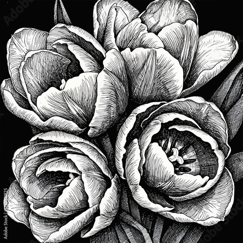Elegant engraved floral bouquet, artistic botanical drawing of roses, vintage floral design element, classic floral illustration for invitations and decor