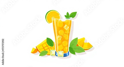 Fresh lemonade with a lemon slice and ice in a glass next to yellow tulips in a vase