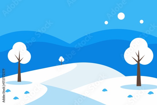 Flat design winter landscape with snow covered trees and rolling hills