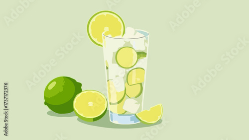 A cold glass of fresh lemonade with lime and ice is a bright yellow and green citrus drink, perfect for a summer refreshment