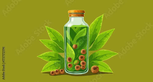 A collection of glass objects including a bottle of perfume and a bottle of champagne, plus a third bottle of perfume with a green leaf, all isolated on white