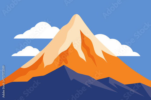 Stylized illustration of a majestic mountain peak with orange and cream slopes under a blue sky with white clouds