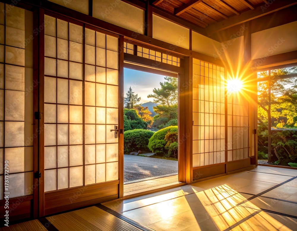 Naklejka premium Tranquil Japanese room, sunlight streams through shoji screens