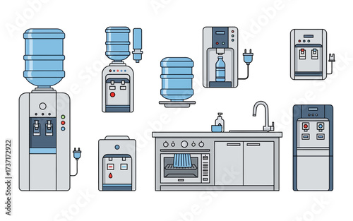Illustration showing several water coolers, a kitchen counter with a sink and microwave oven design