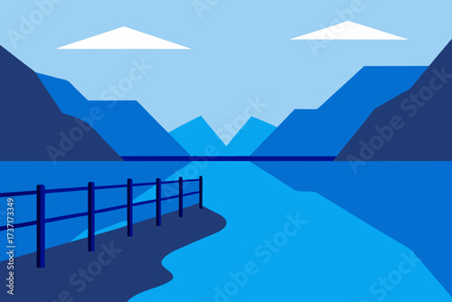 Serene blue mountain landscape with reflecting lake and wooden fence