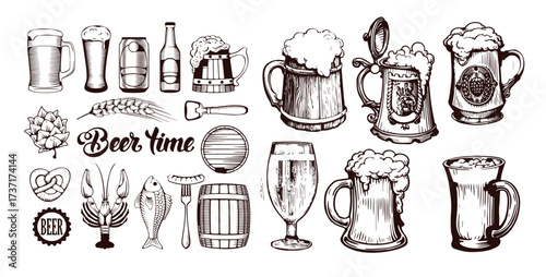 Vintage Hand-Drawn Beer Collection – Mugs, Bottles, Hops & Oktoberfest Elements
