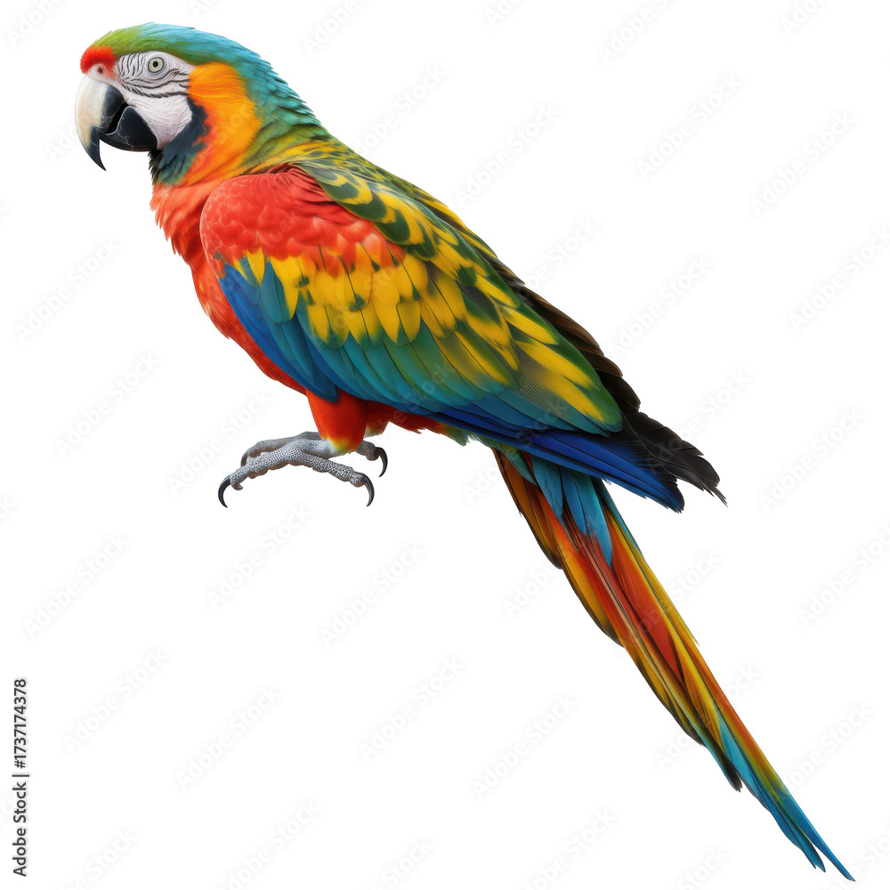 Fototapeta premium Colorful Harlequin Macaw Parrot with Vibrant Plumage Against Black isolated on a transparent background