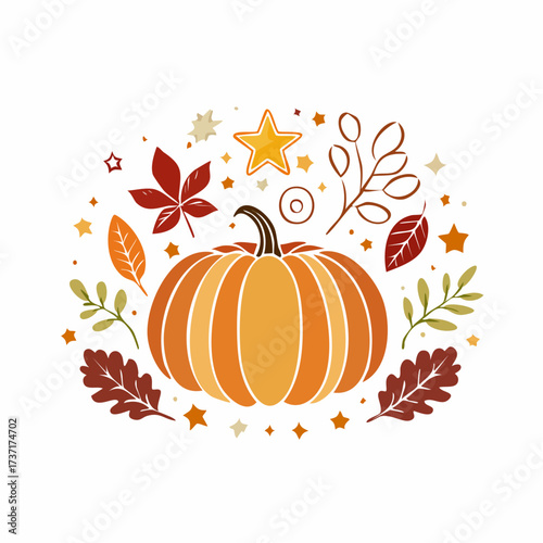 Vibrant Autumn Pumpkin and Colorful Fall Foliage Illustration for Harvest Season Design
