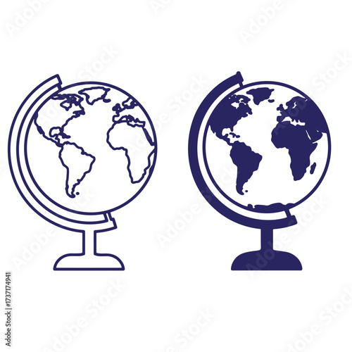 Vector illustration of two globe designs showing continents and outlines on white background